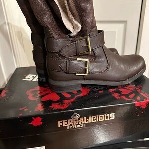 Fergalicious Brown Faux Leather Buckle Mid-Calf Boots